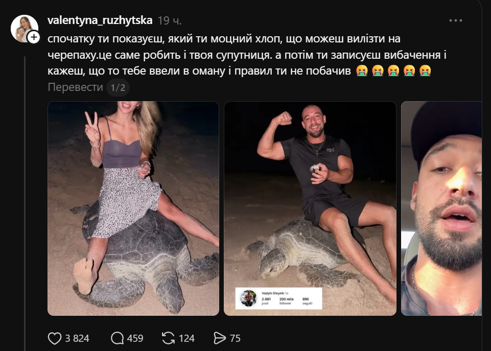 Украинского туриста раскритиковали в Threads за сиденье на морской черепахе в Омане фото